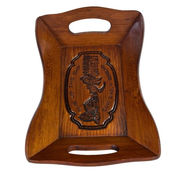 Engraved Wooden Serving Tray With Handles: Christian  Religious Prayer Wooden Serving Tray Bread Basket Engraved Harvest Side Handles